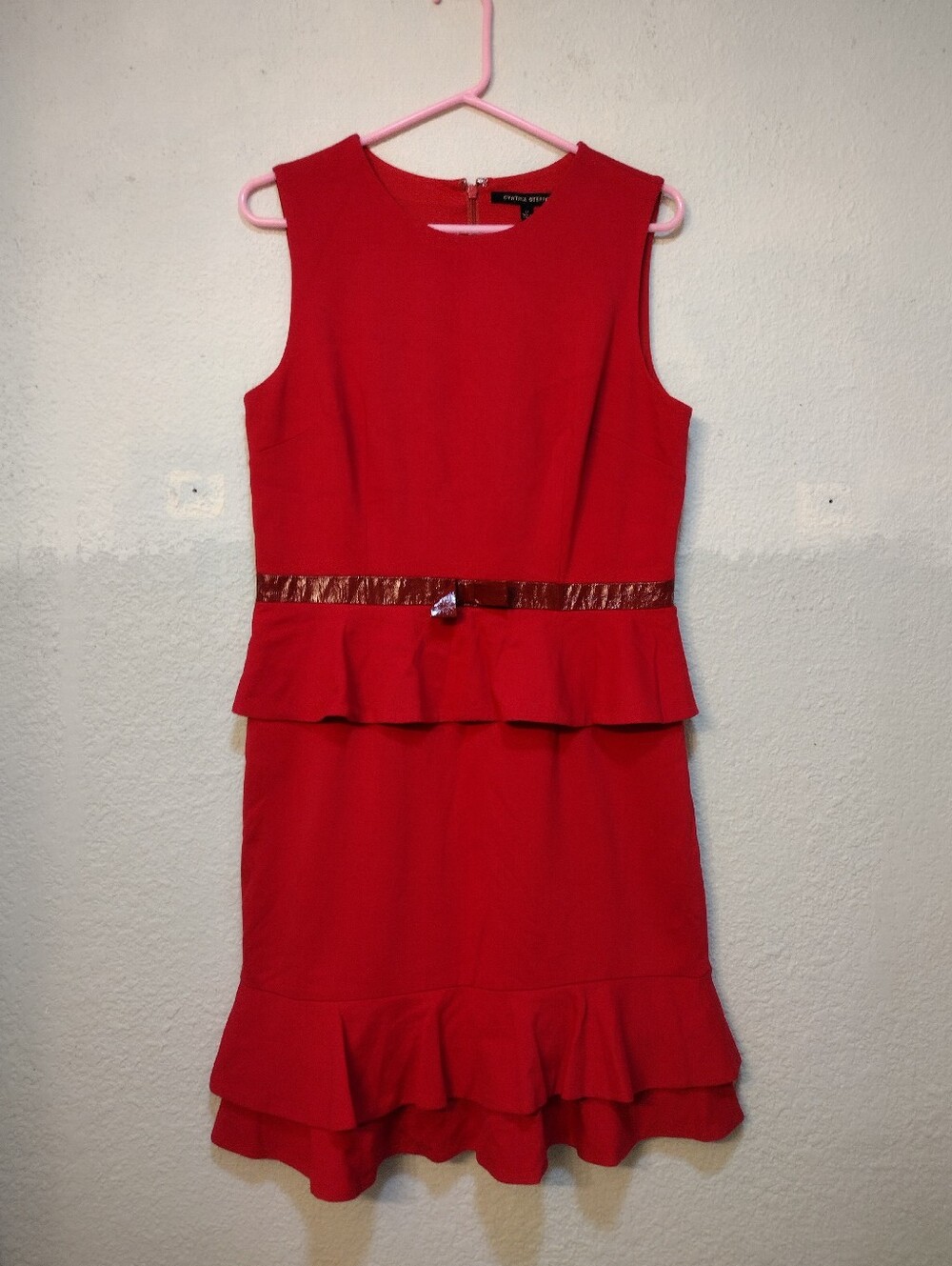 Red Peplum Sheath Dress with Belt